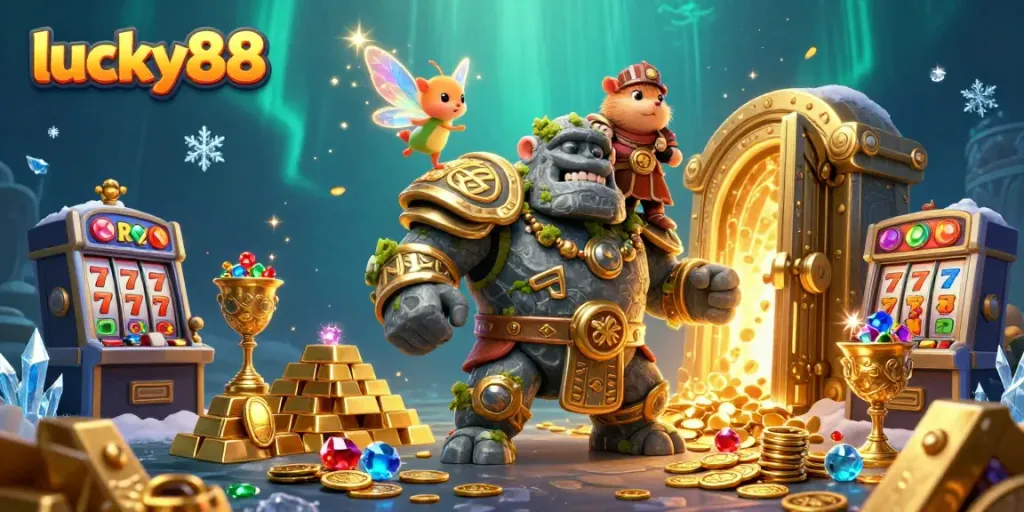 Experience the excitement of lucky88 with vibrant casino elements and dynamic characters in a magical scene.