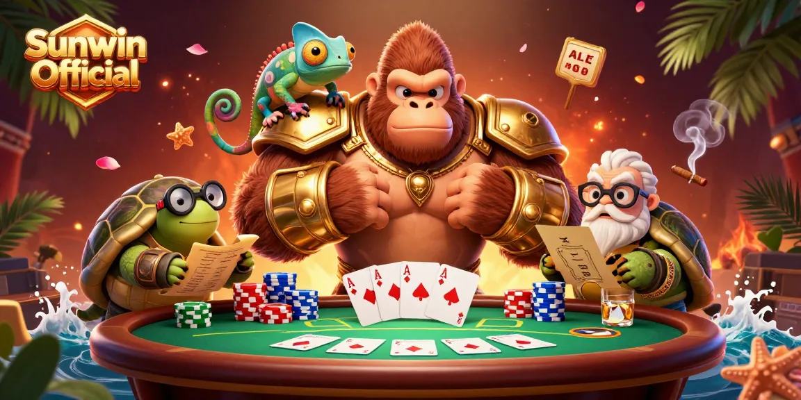Engage with Sunwin Official at an exciting casino scene featuring colorful poker elements, a king, chameleon, and tortoise.