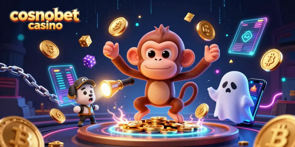 Experience the thrill at Cosmobet Casino with a playful poltergeist monkey juggling riches.